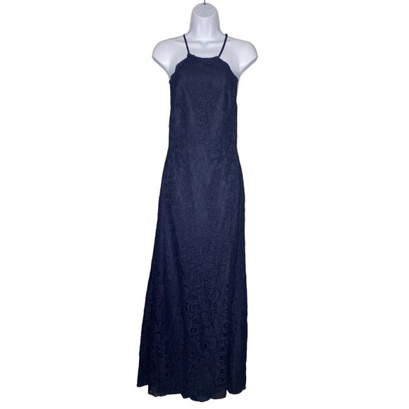 DESSY COLLECTION Halter Criss Cross Open-back Lace Trumpet Gown Navy Size 2 - Picture 2 of 9